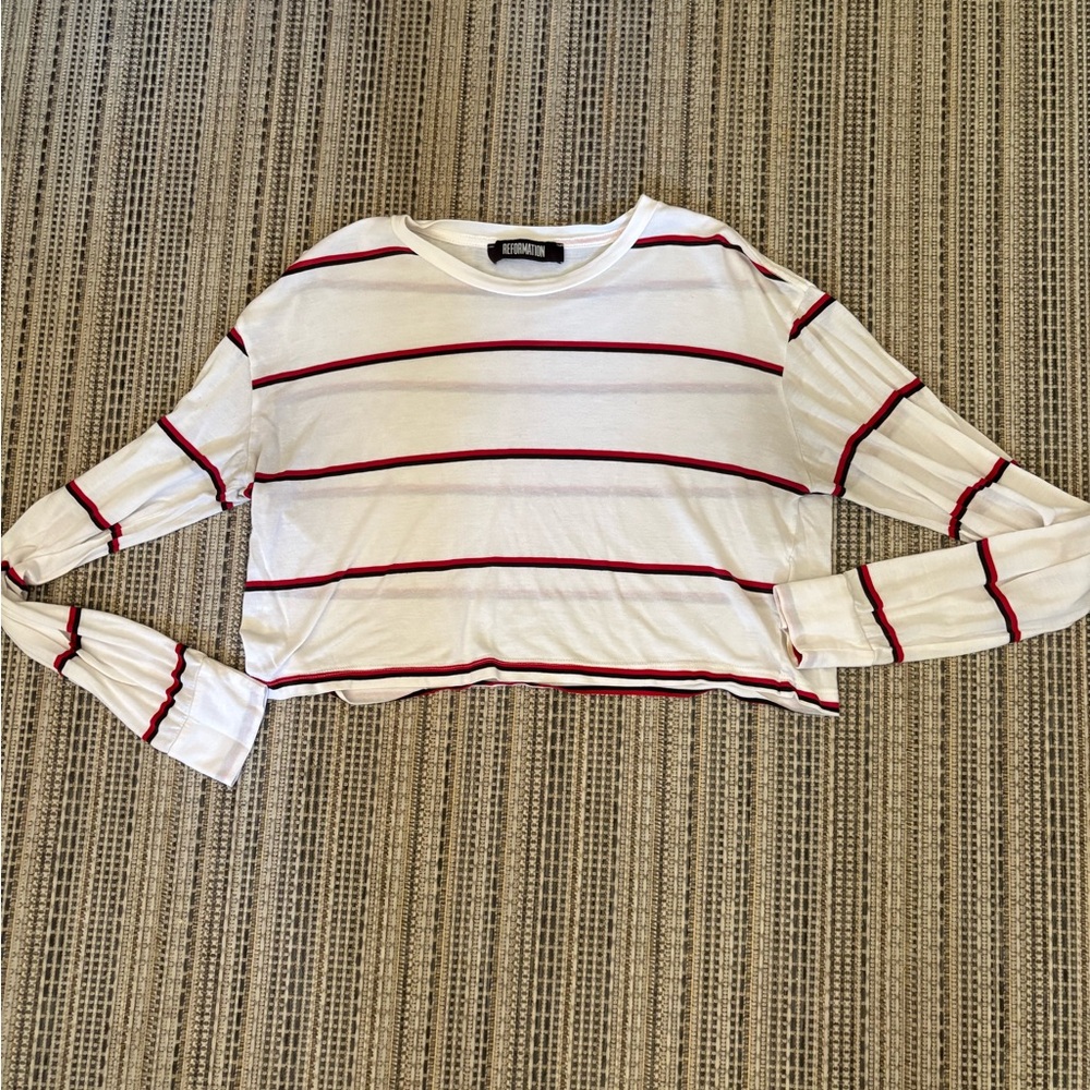 Reformation White Tee with red and black stripes